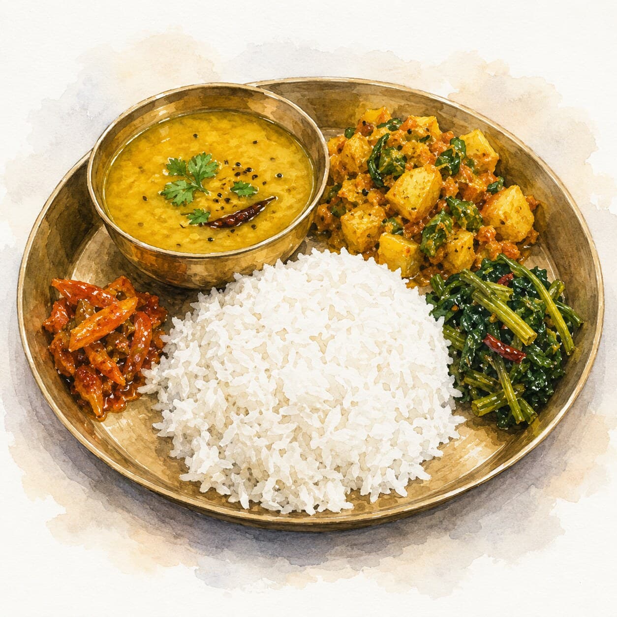 A vibrant Himalayan plate featuring rice, lentil dal, vegetables, and pickle.
