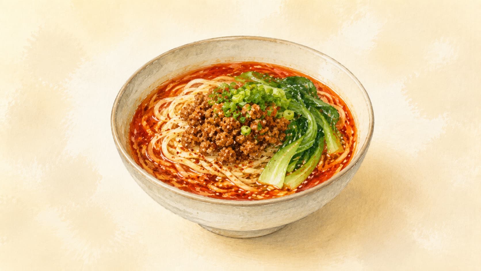 A vibrant bowl of Dan Dan Noodles topped with ground pork and green onions.