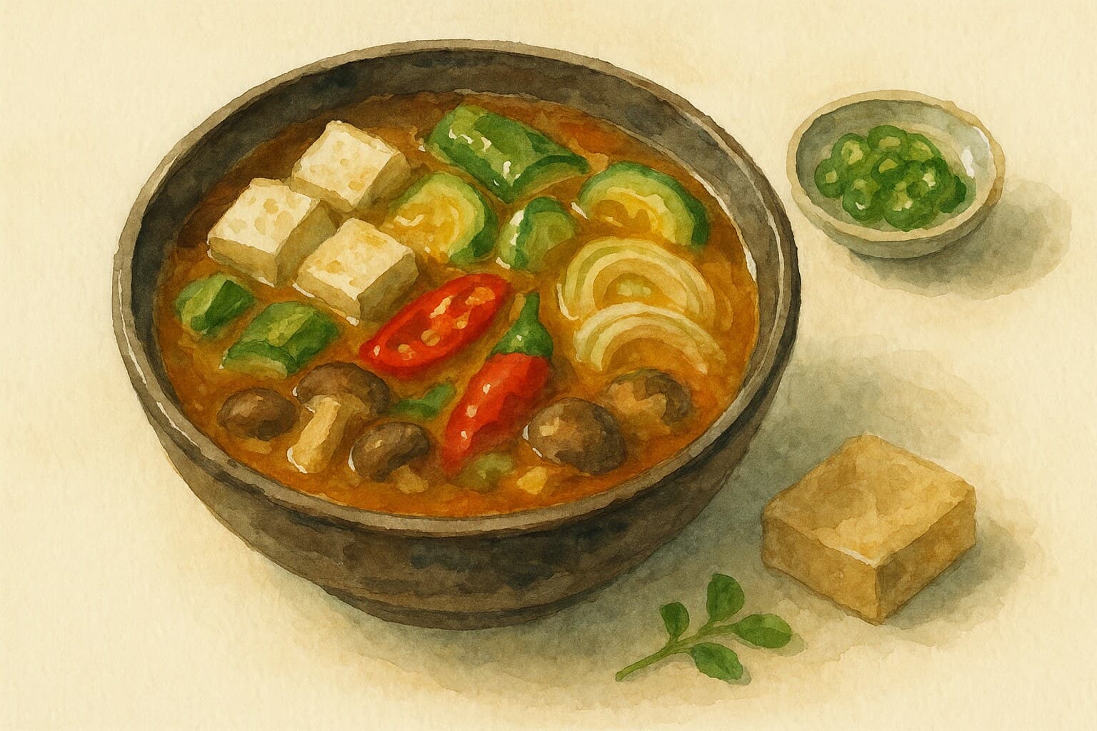 A vibrant watercolor illustration of a bowl of Doenjang Jjigae filled with tofu, vegetables, and broth.