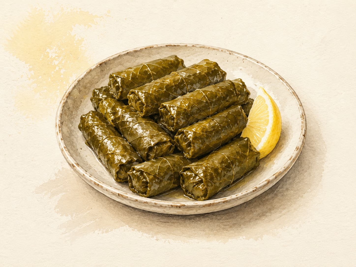 緑の葉に包まれた米と香辛料の詰め物