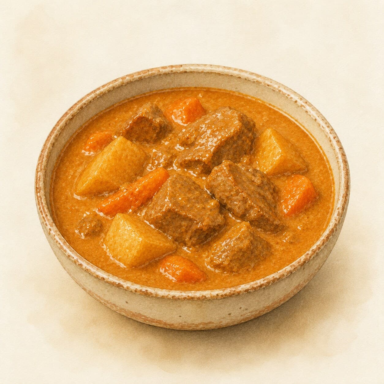 A bowl of vibrant Domoda stew with chunks of lamb, garnished with fresh herbs.