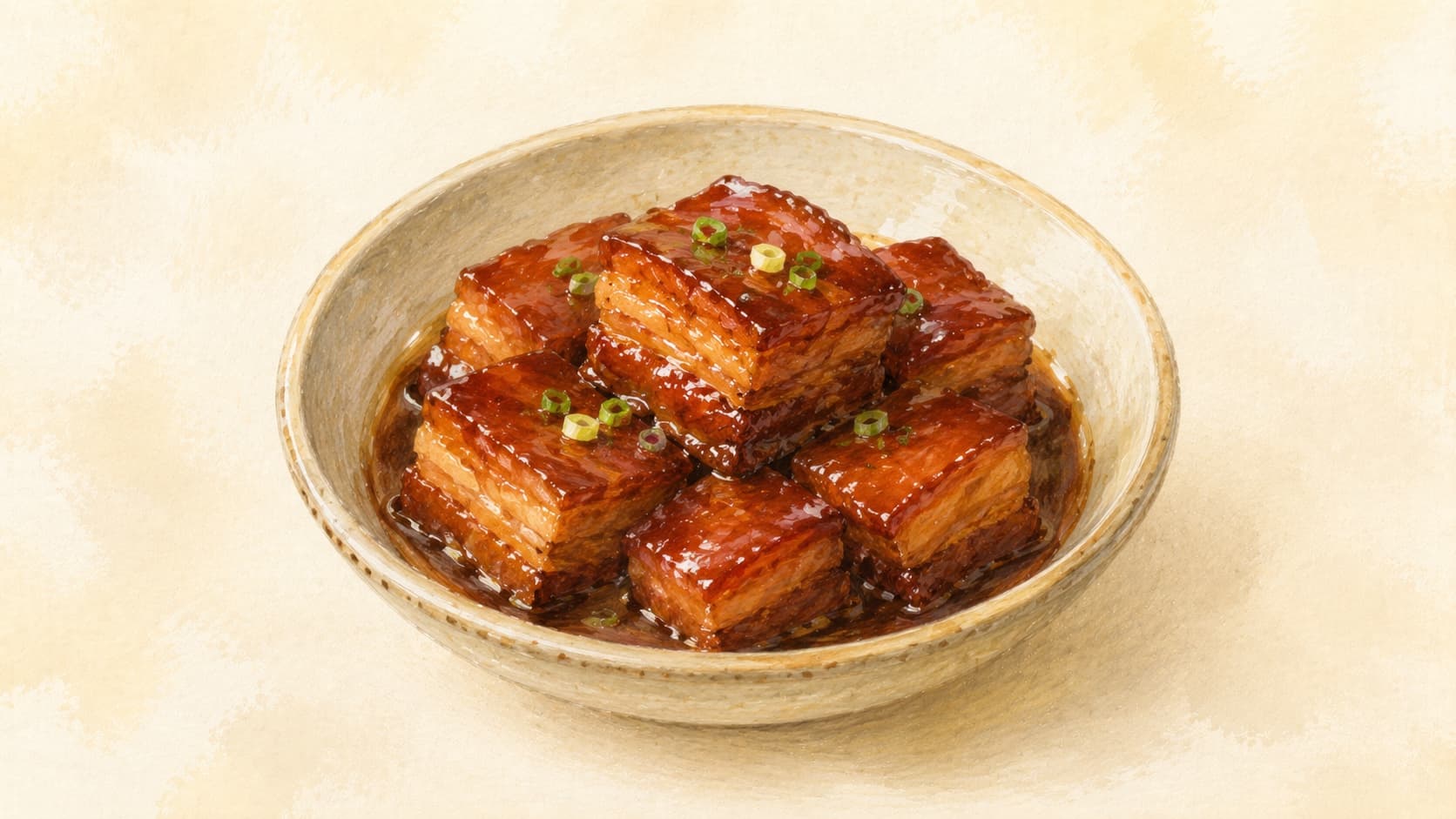 Richly colored, glossy braised pork belly served with green onions.