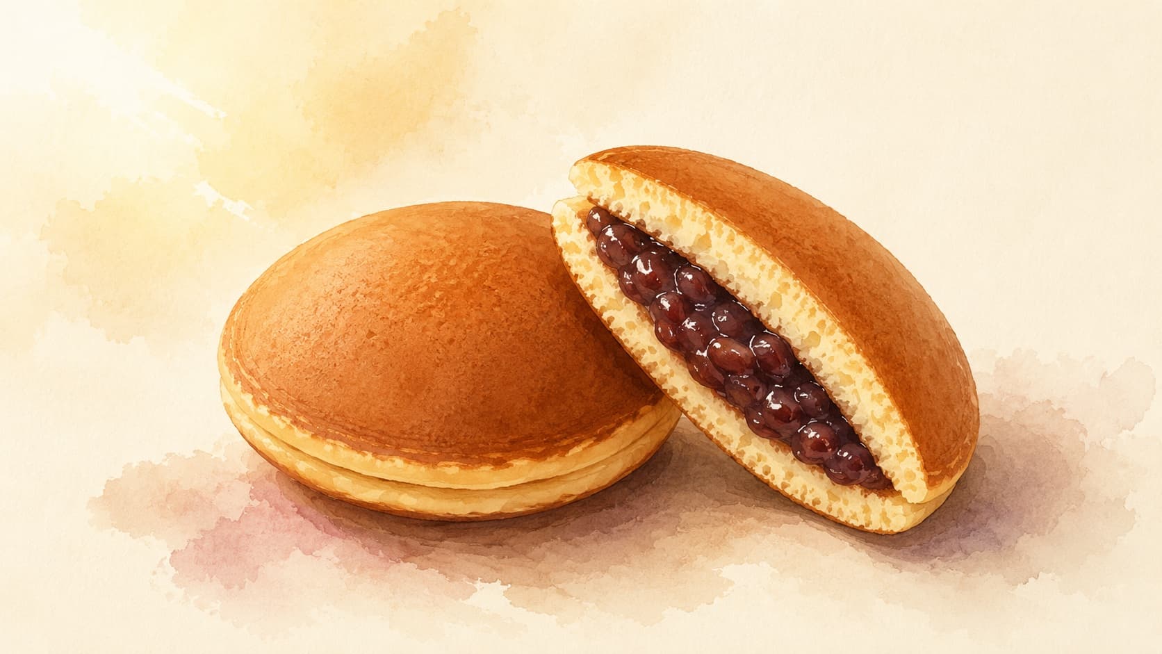 Fluffy dorayaki pancakes filled with red bean paste stacked neatly.