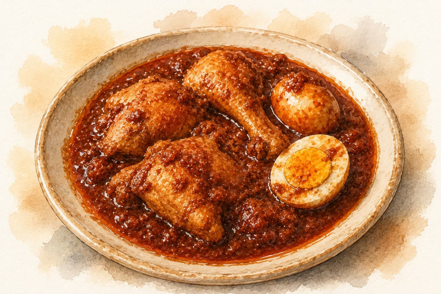 A vibrant illustration of Doro Wat, showcasing tender chicken and whole eggs in a deep red stew.