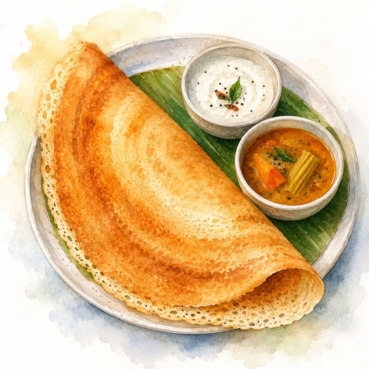 A beautifully arranged plate of golden-brown masala dosa served with coconut chutney and sambar.