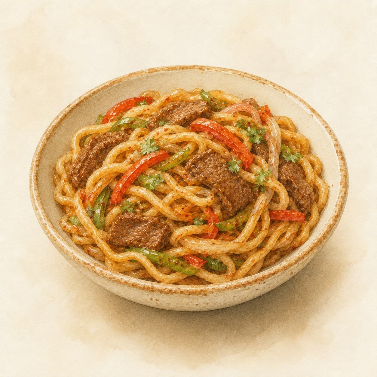 手で引き伸ばした小麦麺とスパイシーな牛肉と野菜のソースの料理
