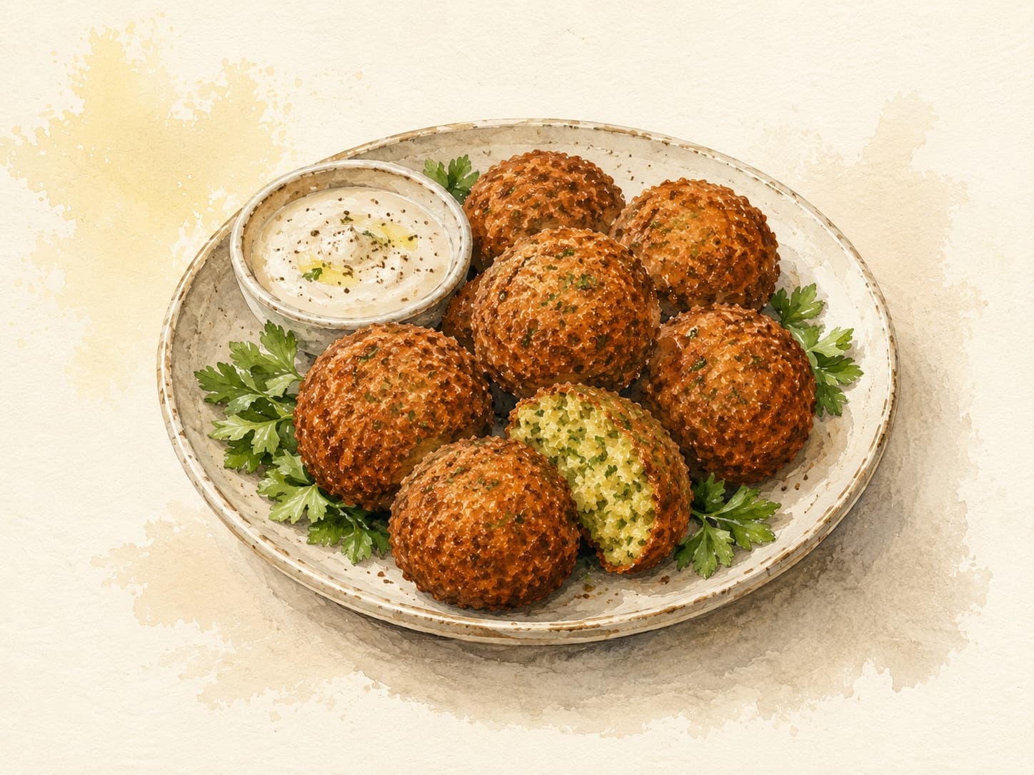 Crispy golden falafel served on a plate with fresh herbs.