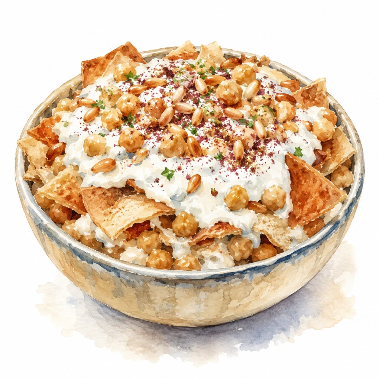 A beautifully layered plate of Fatteh with vibrant chickpeas and a drizzle of garlic-yogurt sauce.