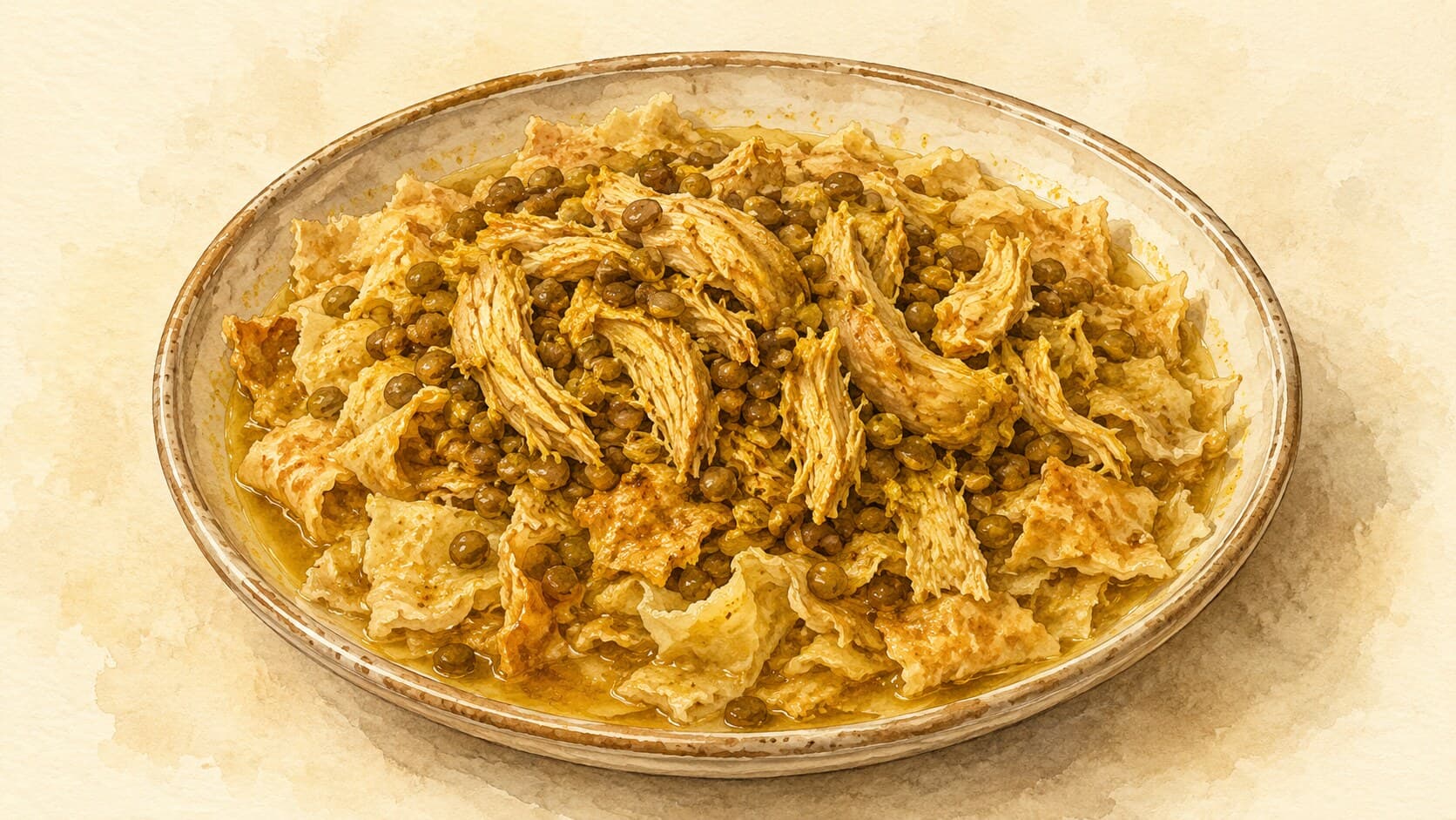 スパイスで味付けされた鶏肉がクリスプなトーストピタとひよこ豆の上に盛り付けられ、タヒニヨーグルトソースがかけられた料理の盛り付け。