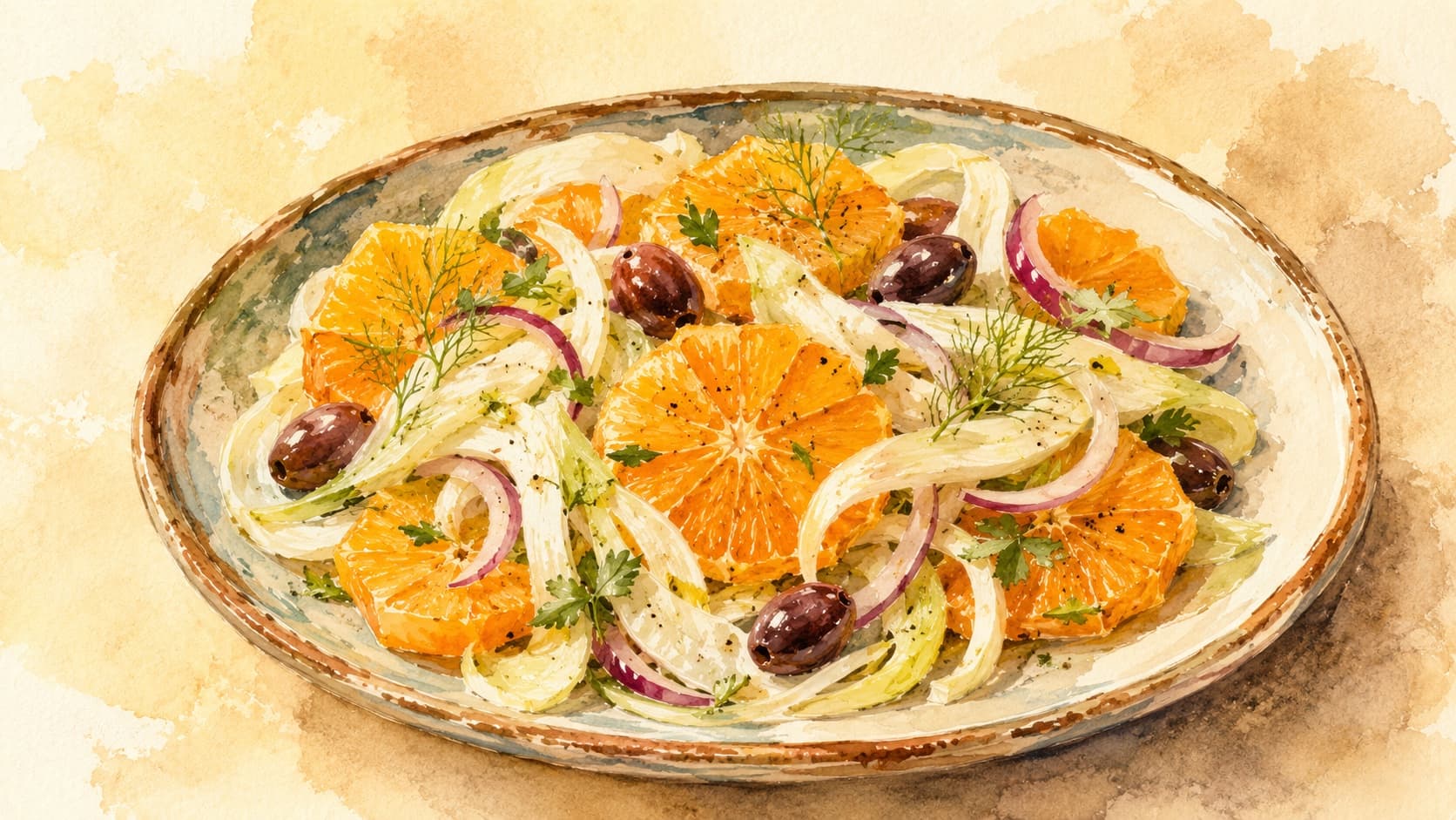 A colorful fennel and orange salad garnished with herbs and served in a bowl.