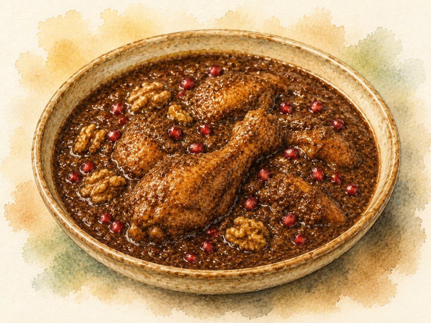 A bowl of Fesenjan, a dark rich stew featuring chicken, walnuts, and pomegranate, against a warm cream background.