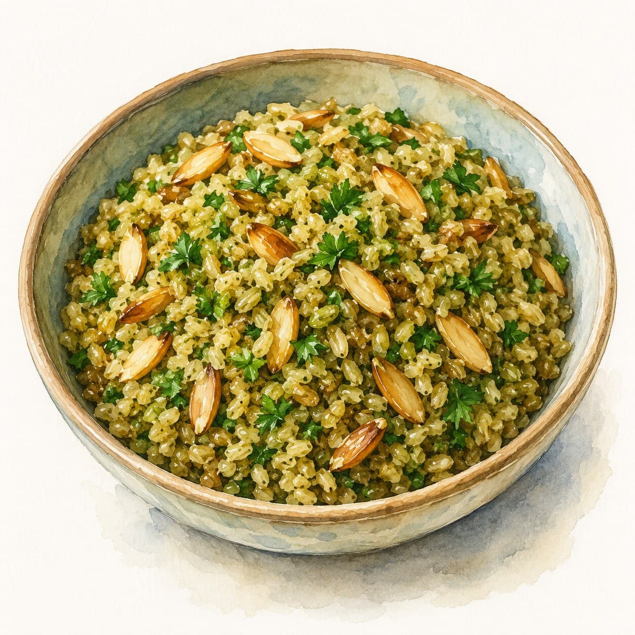 A beautifully plated bowl of freekeh pilaf with almonds and parsley.