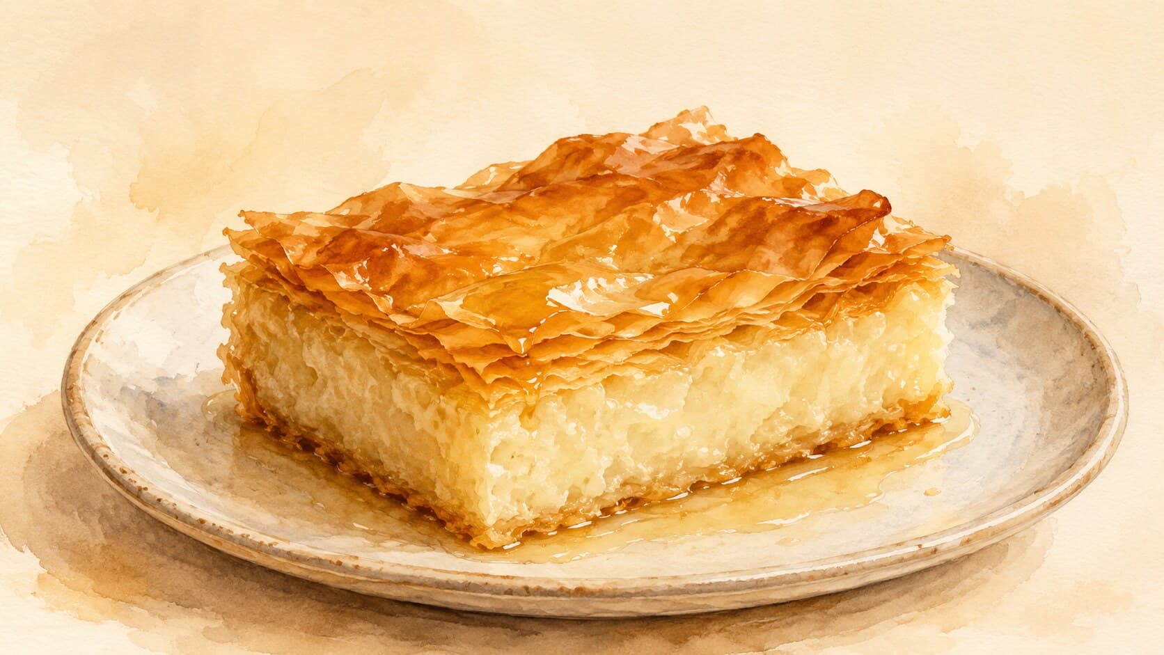 A square slice of Greek phyllo custard pastry with a golden top and visible creamy custard, syrup pooling on the plate.