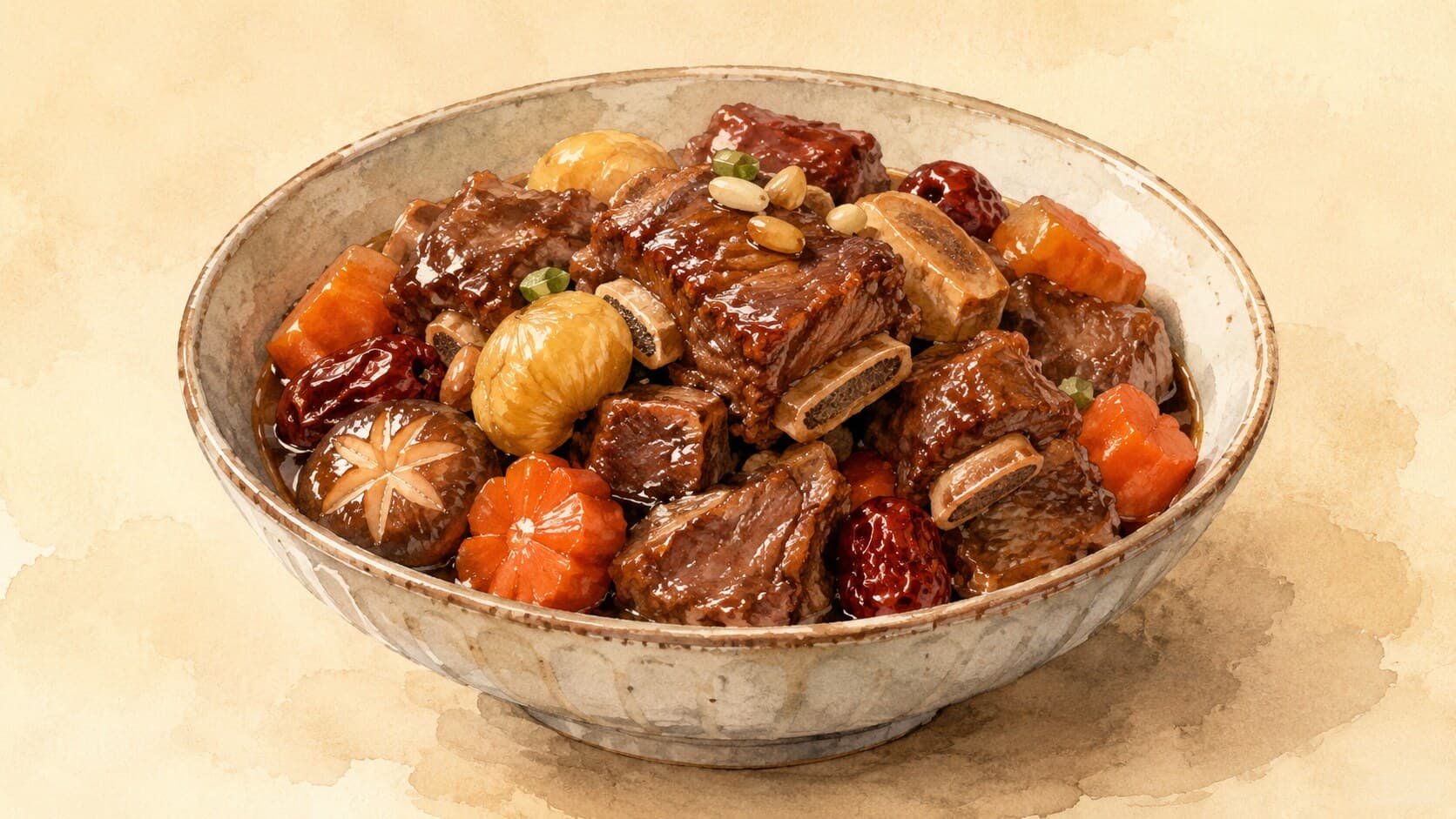 艶やかな醤油で煮込まれたカルビと大根、ニンジン、栗の美しい盛り付け。