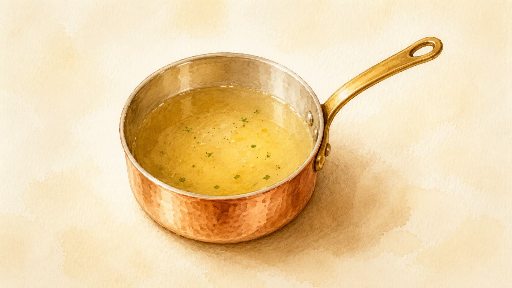 A vibrant watercolor illustration of a bowl of ghee with a golden hue, surrounded by spices.