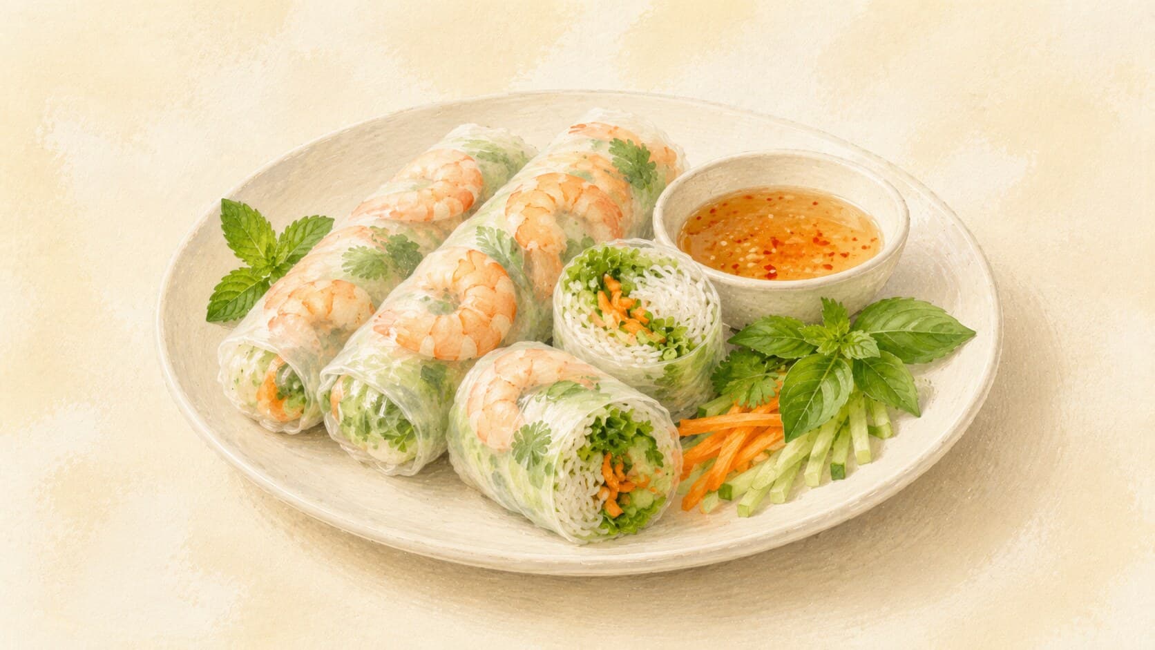 Three fresh spring rolls on a white plate showing through translucent rice paper — pink shrimp, green herbs, white noodles clearly visible — with a small bowl of amber dipping sauce