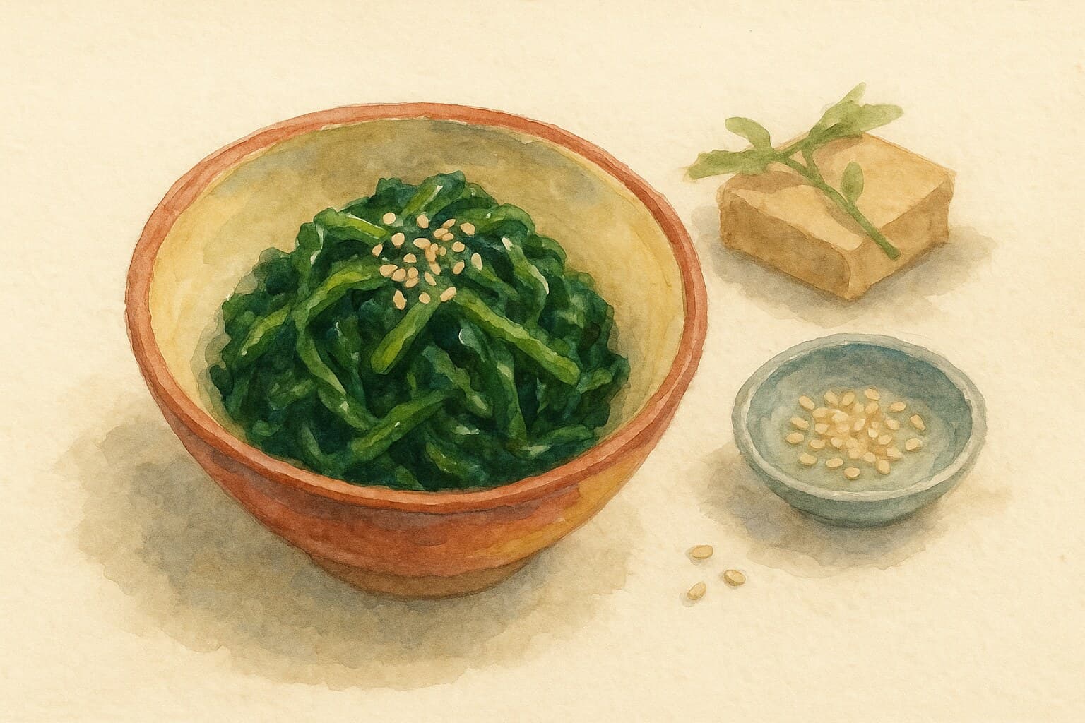 ペールイエローの胡麻ダレでコーティングされたほうれん草の束、トーストした胡麻で飾られた小皿に盛り付けられた。