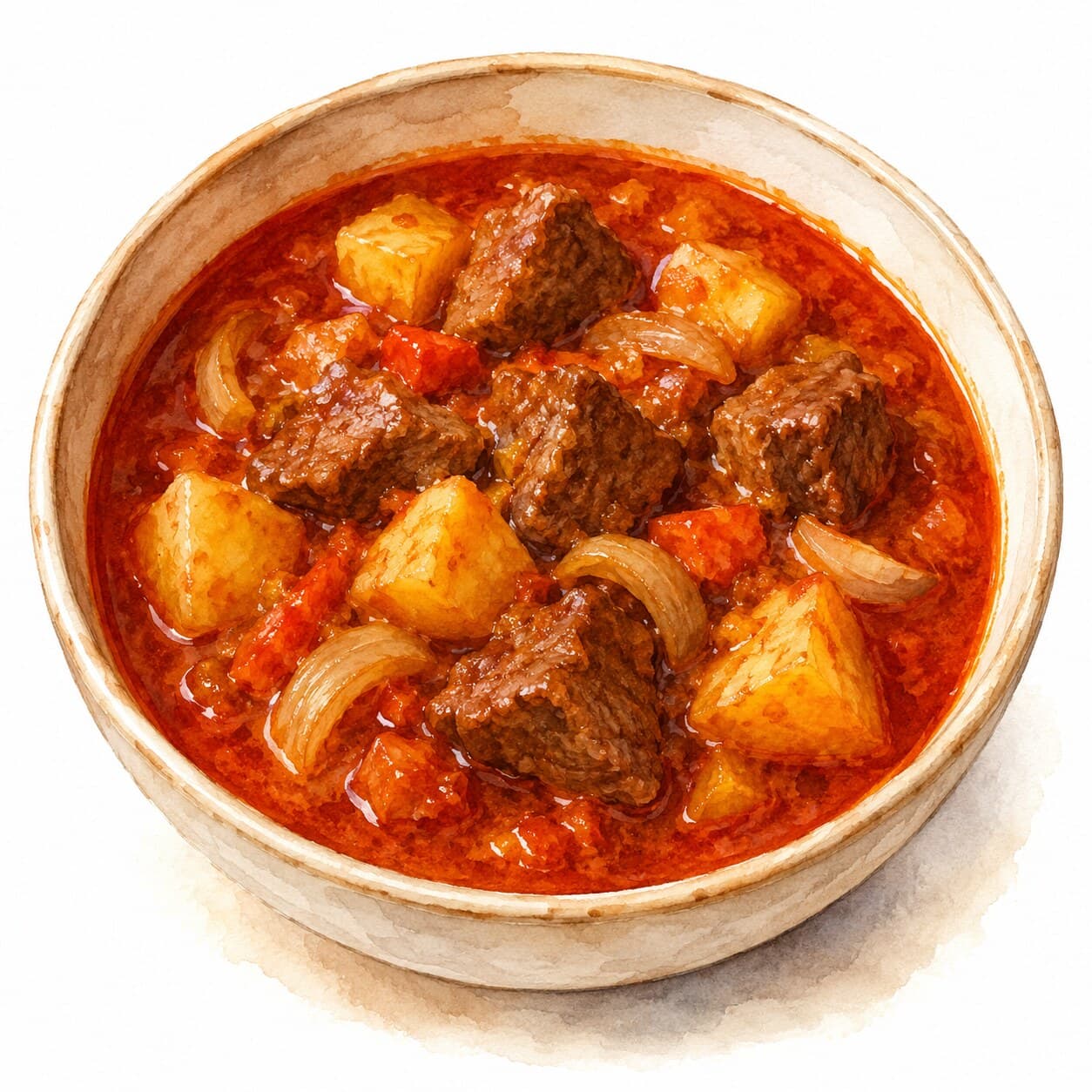 A steaming bowl of gulyás, rich in color and texture, garnished with fresh parsley.