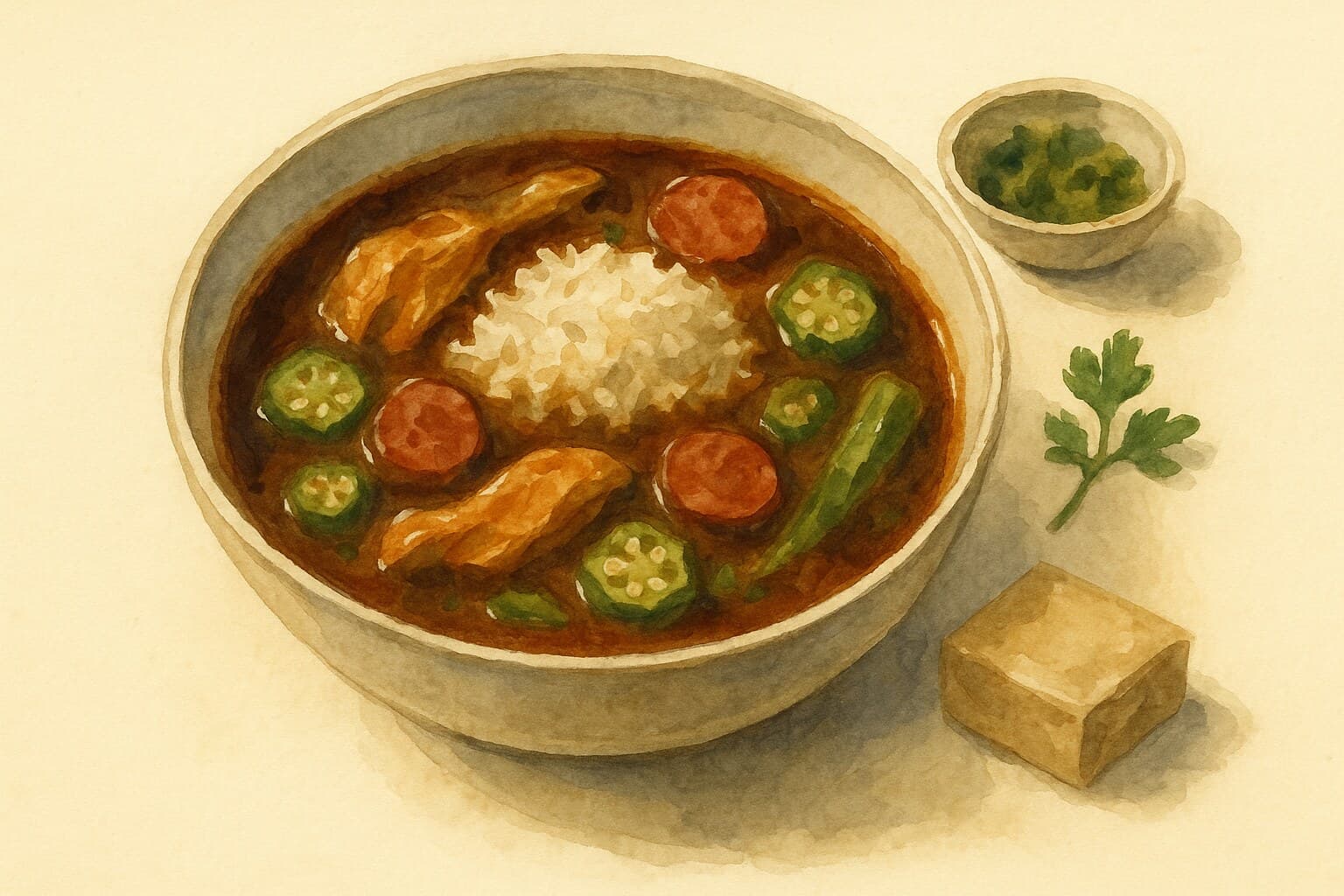 A deep brown gumbo with chicken, sausage, and okra over a mound of white rice.