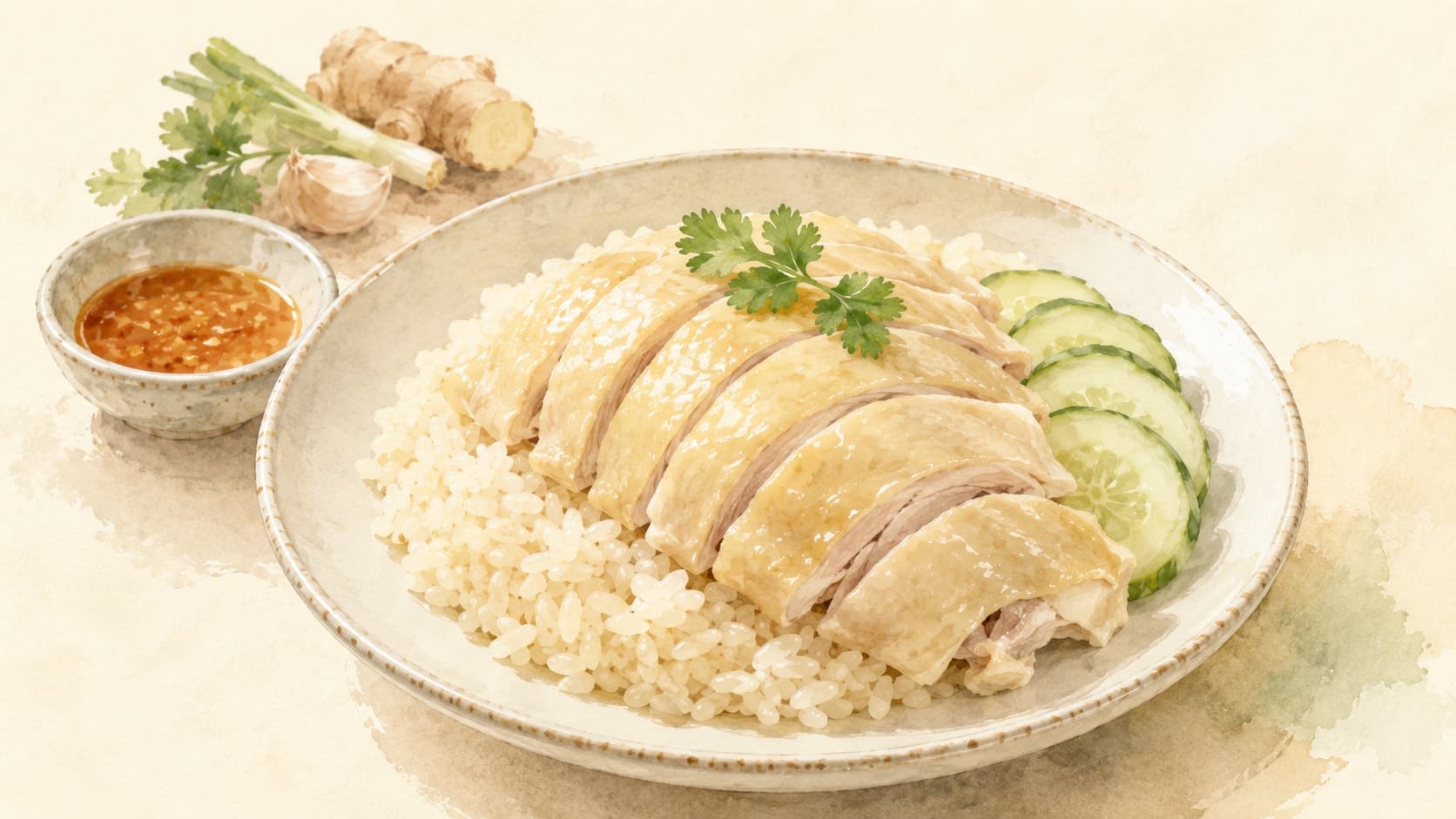 A beautifully plated serving of Hainanese Chicken Rice with poached chicken, aromatic rice, and ginger-scallion sauce.
