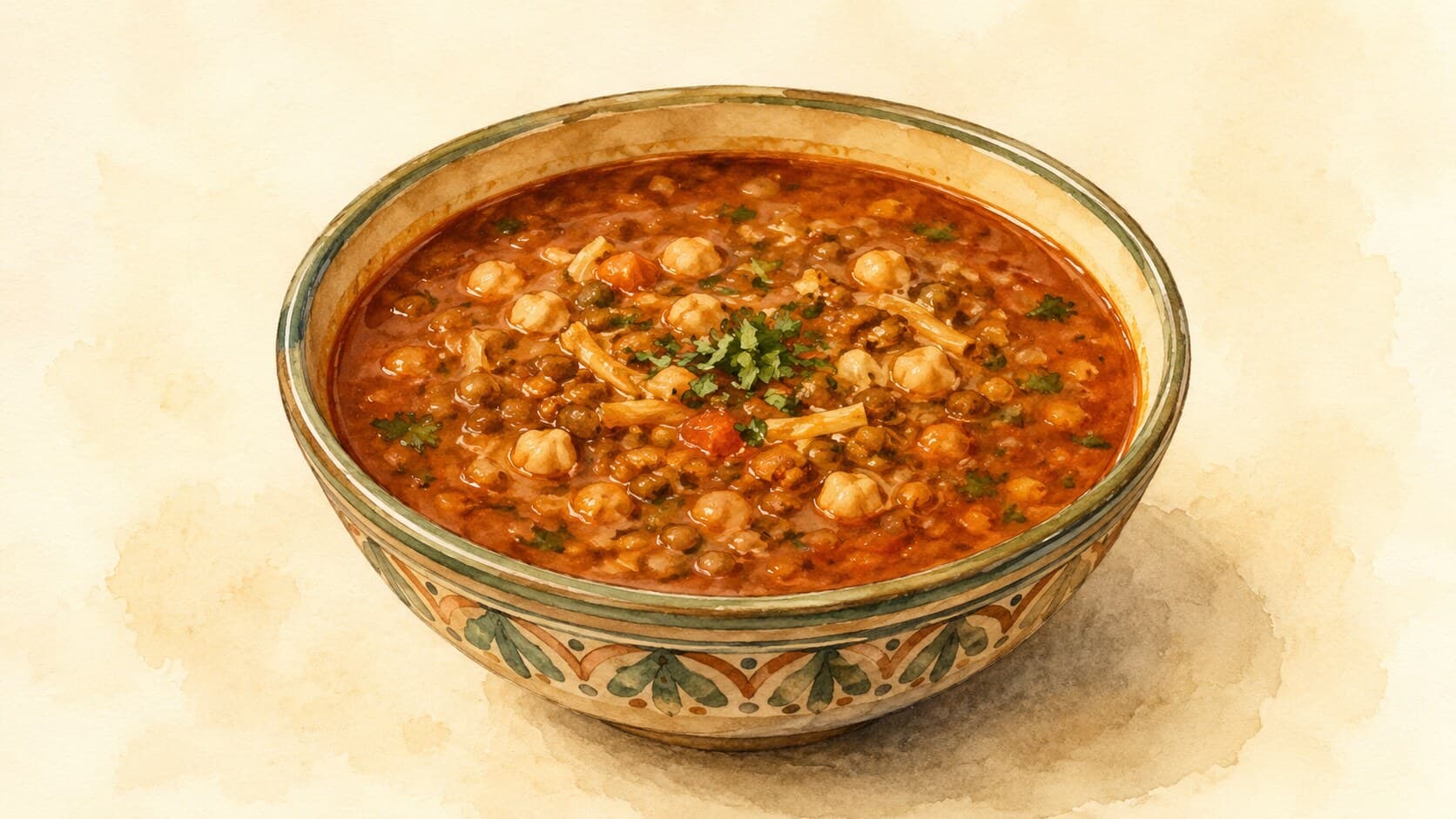 Thick red-orange Moroccan soup in a terracotta bowl, showcasing lentils, chickpeas, and fresh herbs.