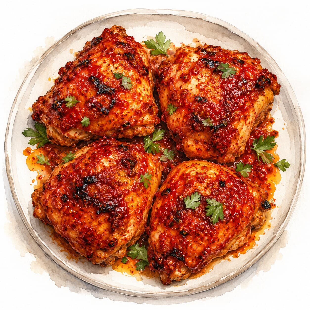 A beautifully roasted chicken thigh with a crispy, caramelized surface, garnished with fresh herbs.