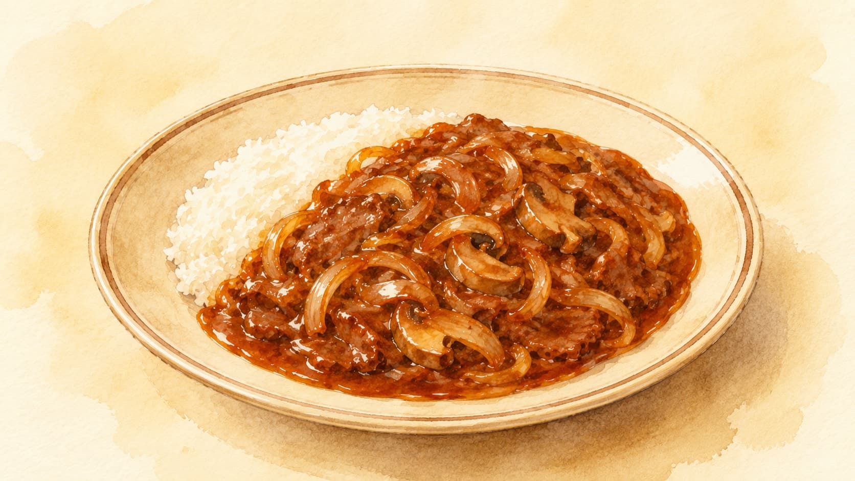 美味しそうなハヤシライスの皿が中央に配置されています。
