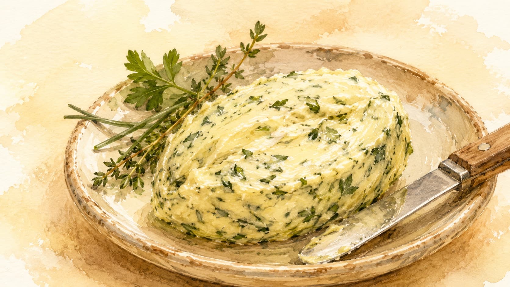 A vibrant watercolor illustration of herb butter shaped into a log, garnished with fresh herbs.