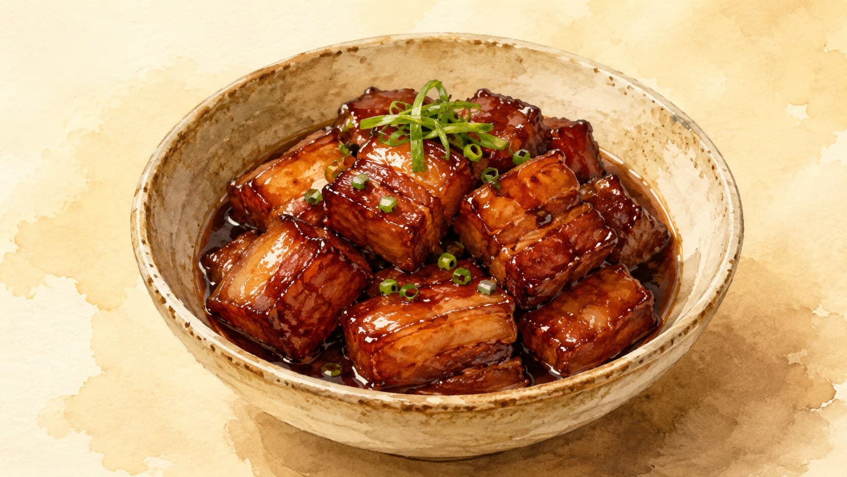 Glistening cubes of red-braised pork belly with a mahogany glaze, garnished with scallions and star anise.