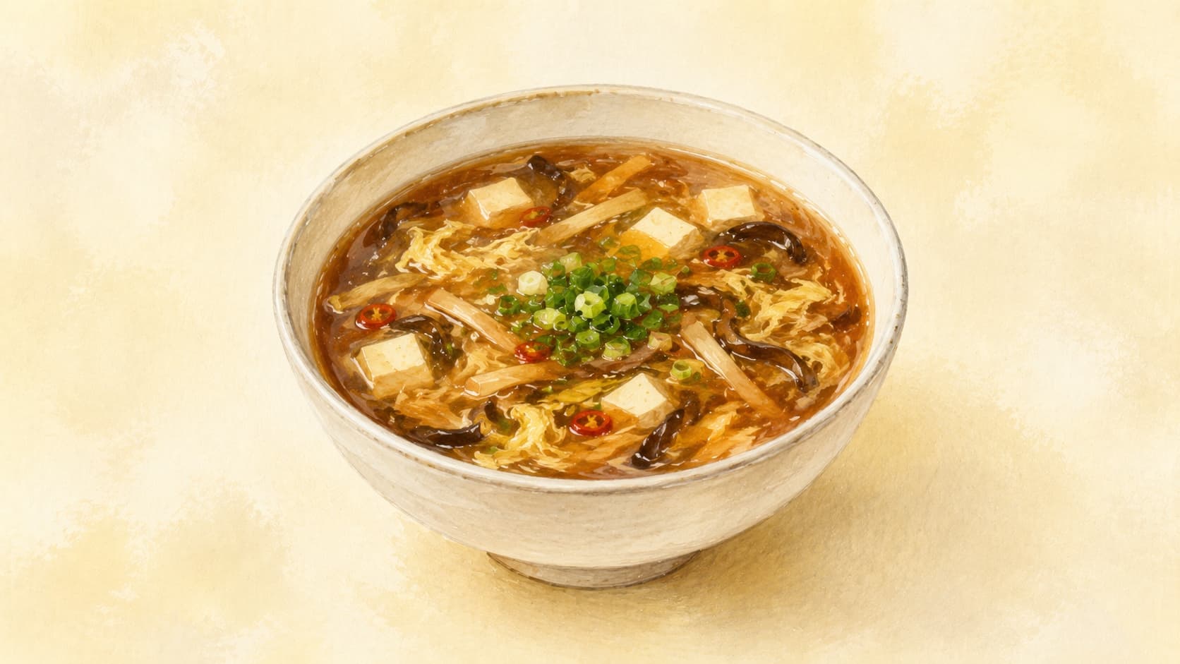 A bowl of Hot and Sour Soup with vibrant colors and garnishes.