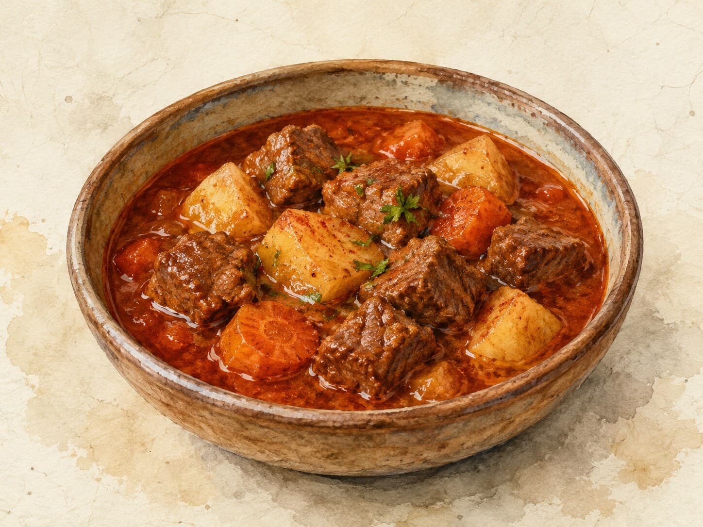 A bowl of Hungarian Goulash with vibrant red broth and chunks of beef, garnished with fresh herbs.