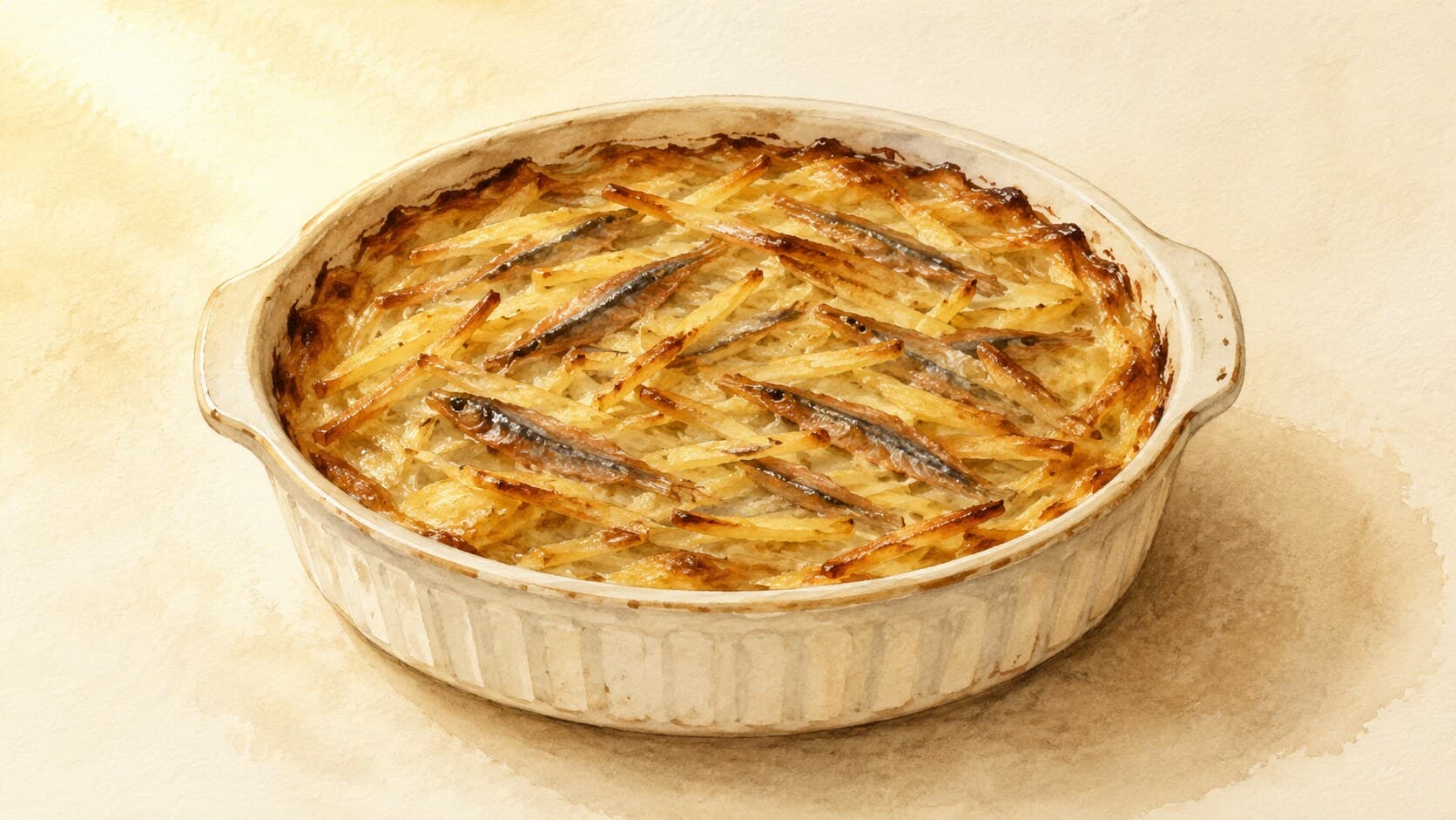 A deliciously baked anchovy and potato gratin with a crispy golden top.