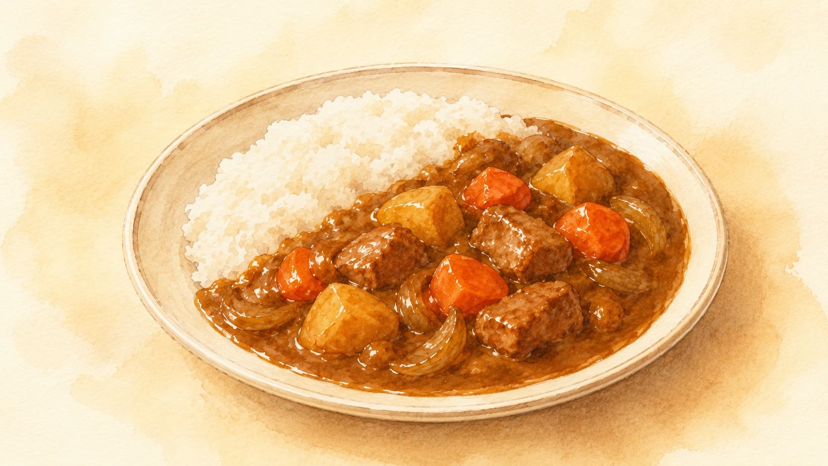 カレーライスの魅力的なイラスト、色とりどりの具材が見える。