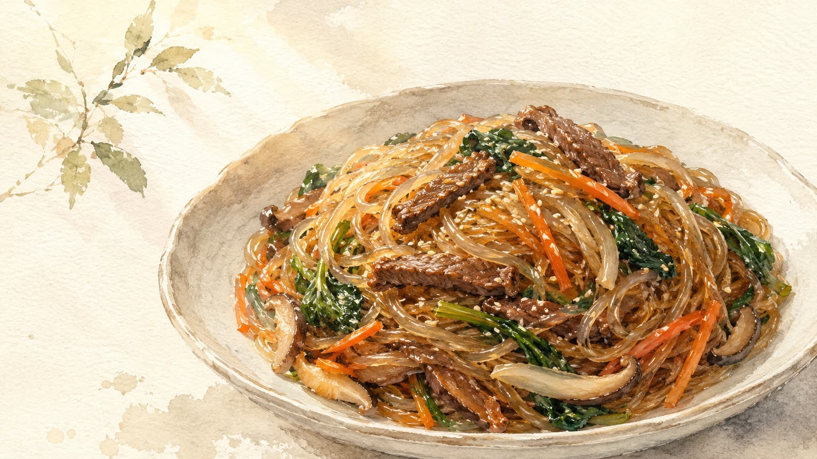 Colorful stir-fried glass noodles with vibrant vegetables.