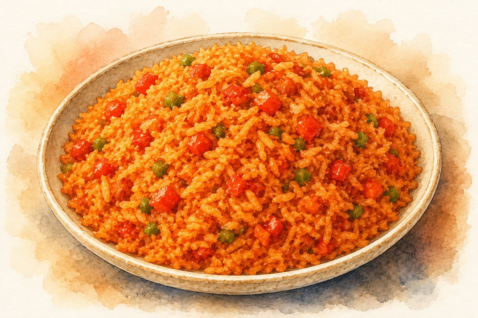 A vibrant bowl of Jollof Rice illustrating its rich colors and textures against a warm cream background.