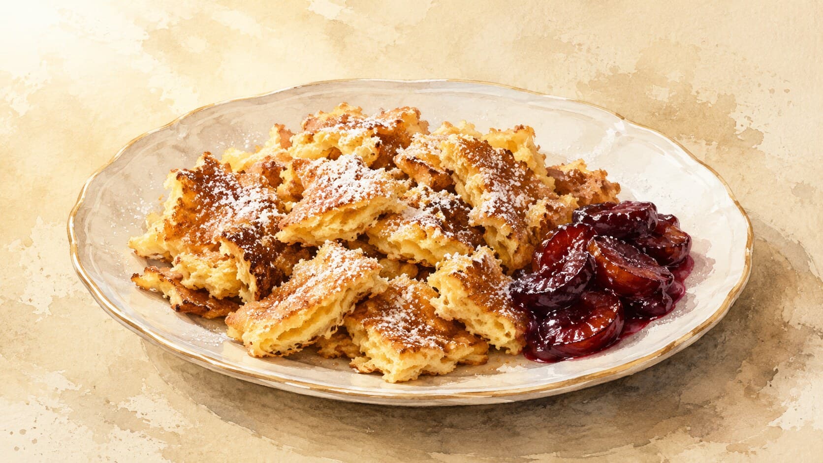 粉砂糖を振りかけられたトルンパンケーキのピースとプラムコンポートの盛り付け。