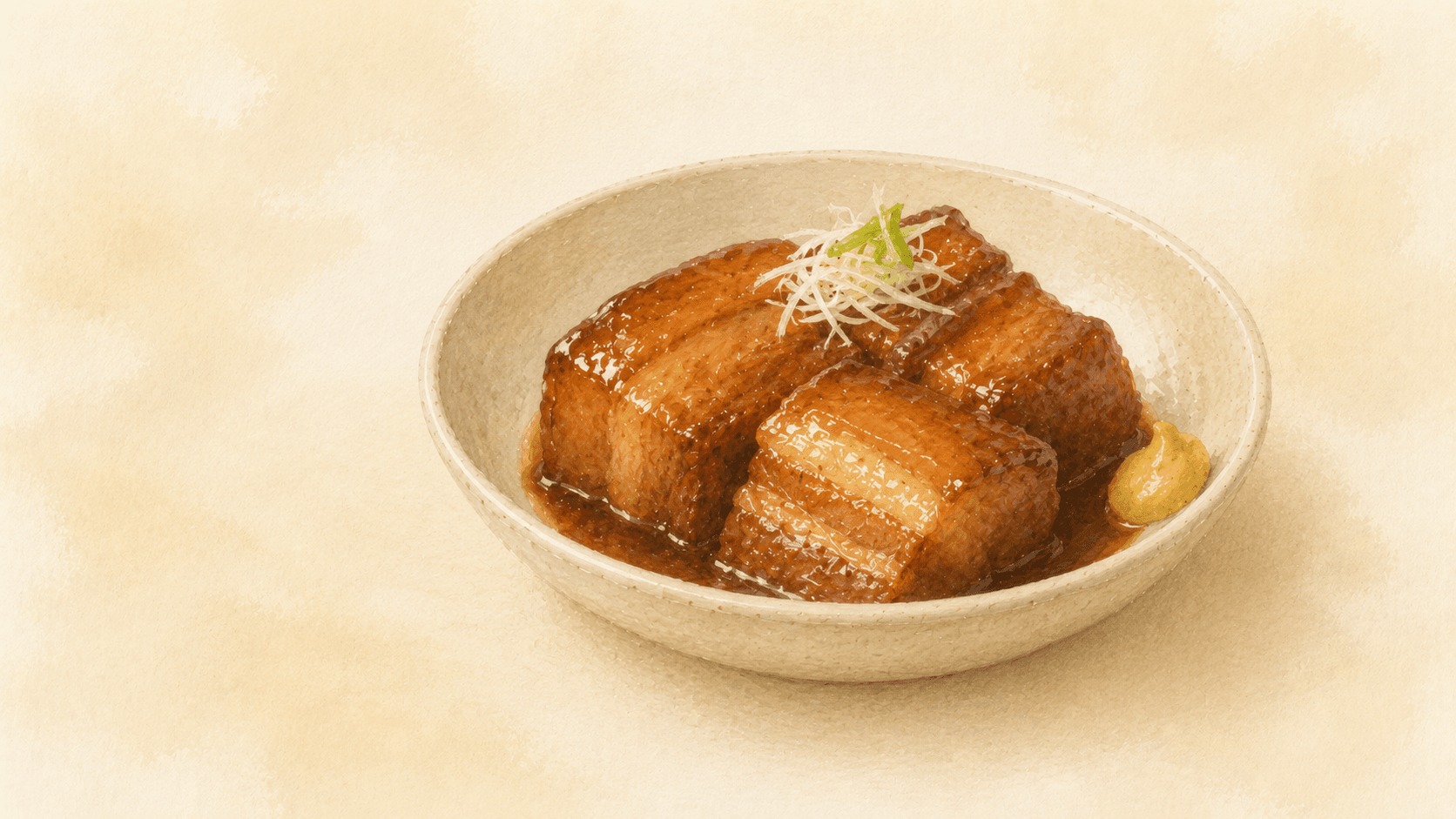 Three thick pork belly slabs in a shallow bowl, dark and glossy from the braising liquid, garnished with thinly sliced leek