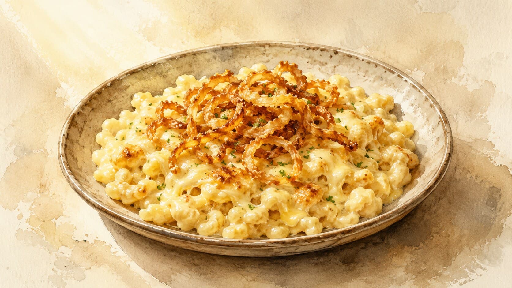 チーズソースがかかったスパッツレの上にカリカリの玉ねぎがトッピングされた料理