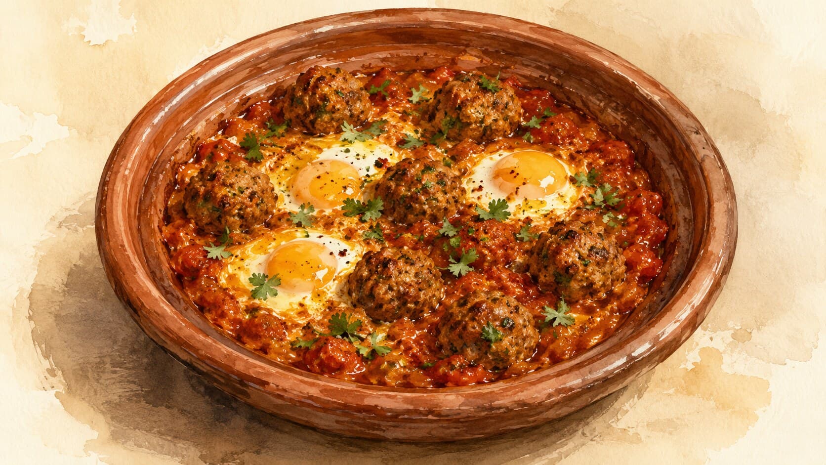 A shallow pan with vibrant red tomato stew, brown meatballs, and two poached eggs with runny yolks, garnished with parsley.