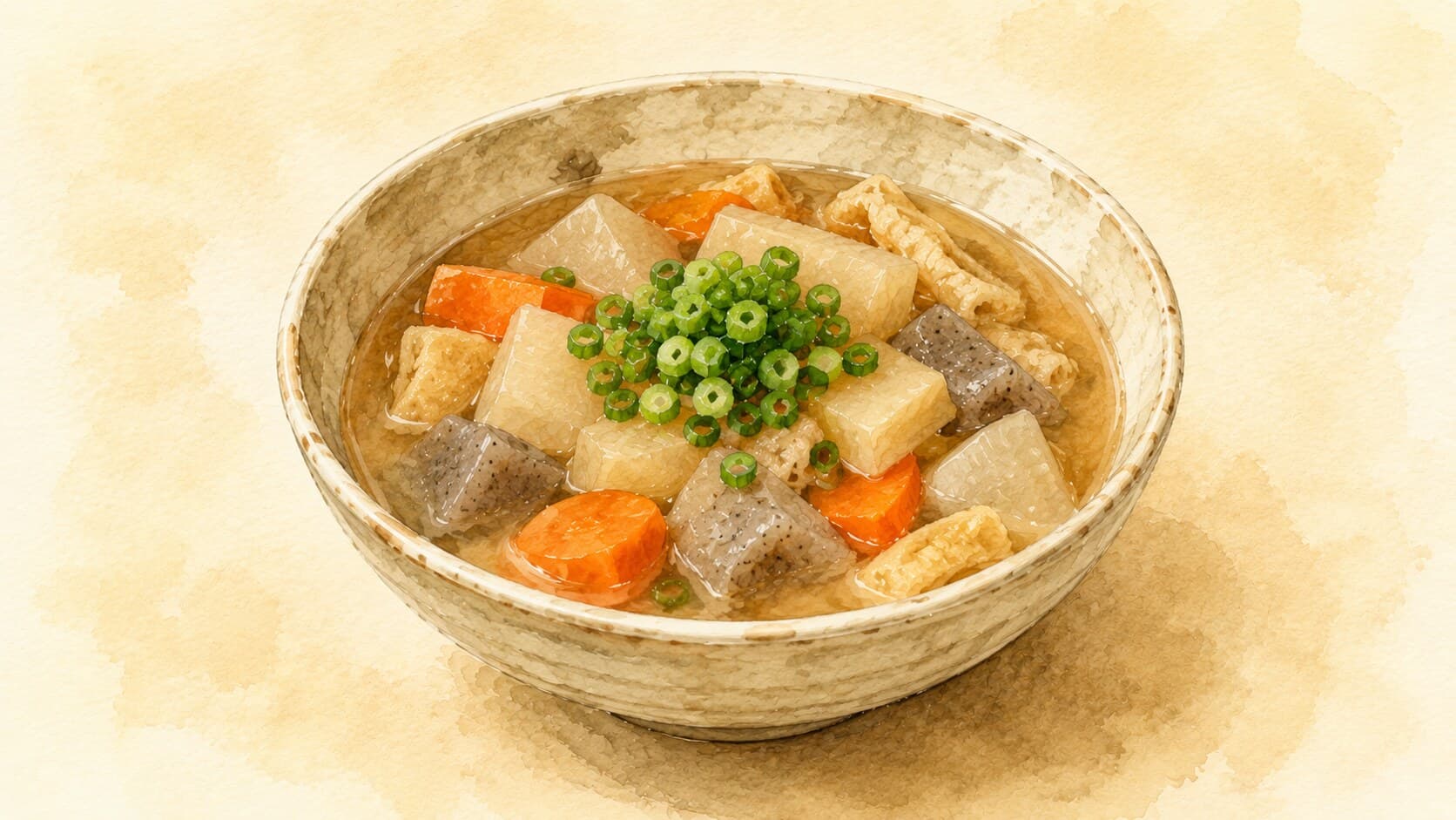 ダイコン、人参、ごぼう、豆腐、こんにゃくが入った澄んだ出汁のスープ