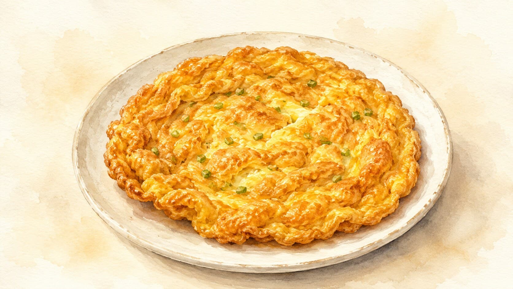 A golden-brown Thai omelette with crisp lacy edges served over jasmine rice, accompanied by a small bowl of sriracha.