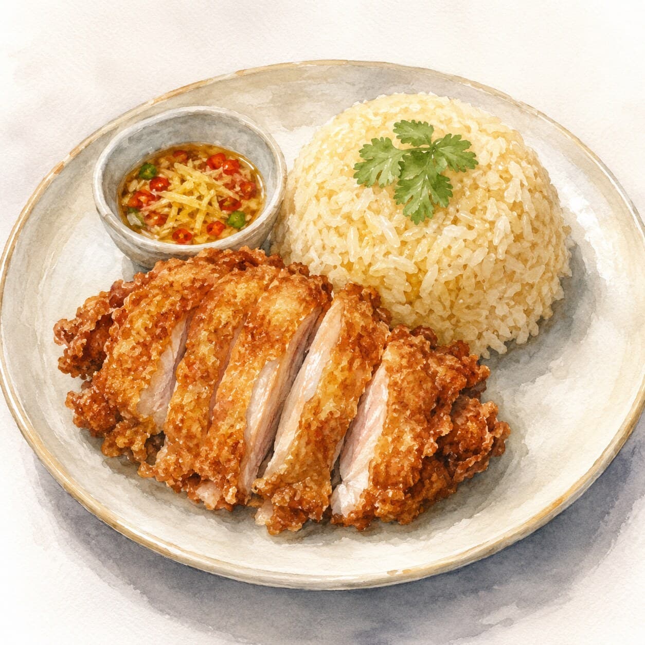 A plate of Khao Man Gai Tot featuring crispy fried chicken, aromatic rice, and fresh cucumber slices.