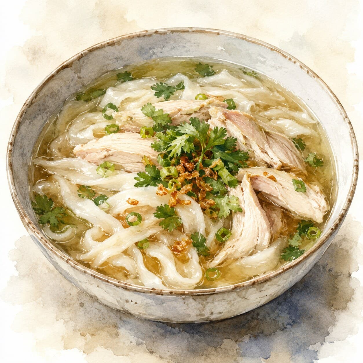 A vibrant bowl of Khao Piak Sen with fresh noodles, shredded chicken, and garnishes.