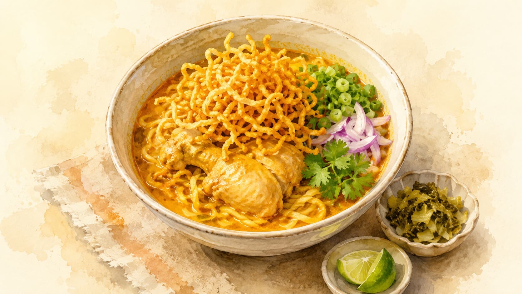 A bowl of Khao Soi with garnishes, showcasing its vibrant colors.
