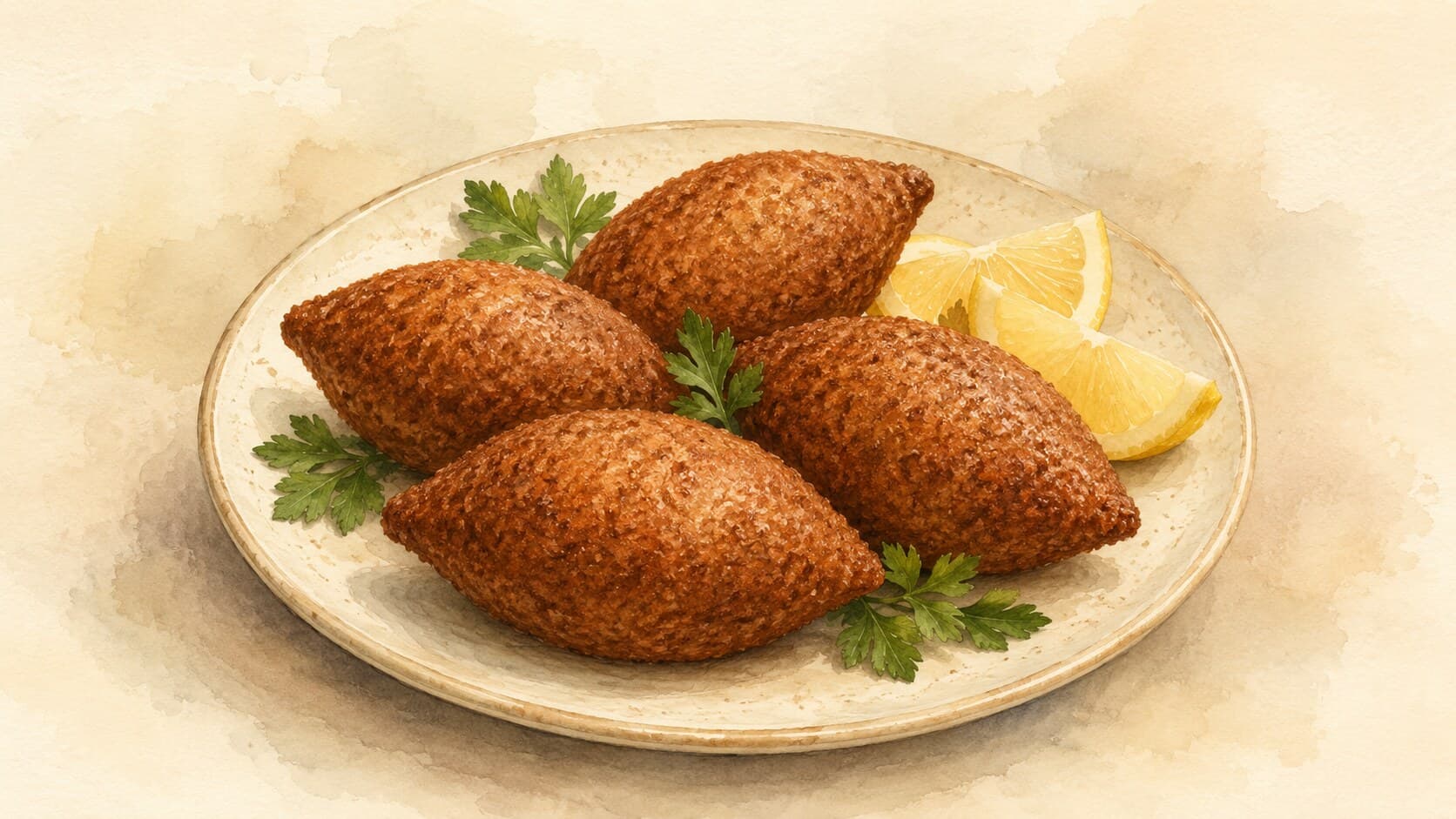 A round tray of golden-baked kibbeh scored into diamond shapes, revealing a spiced meat and pine nut filling.