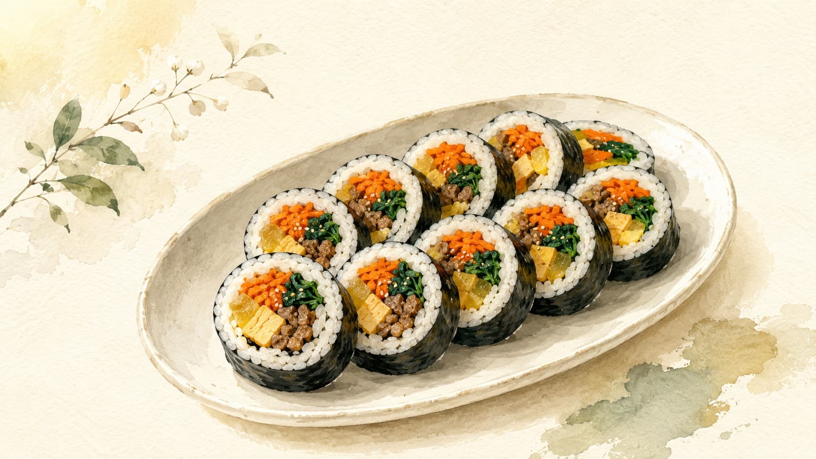 Colorful kimbap rolls showcasing vibrant fillings wrapped in seaweed.