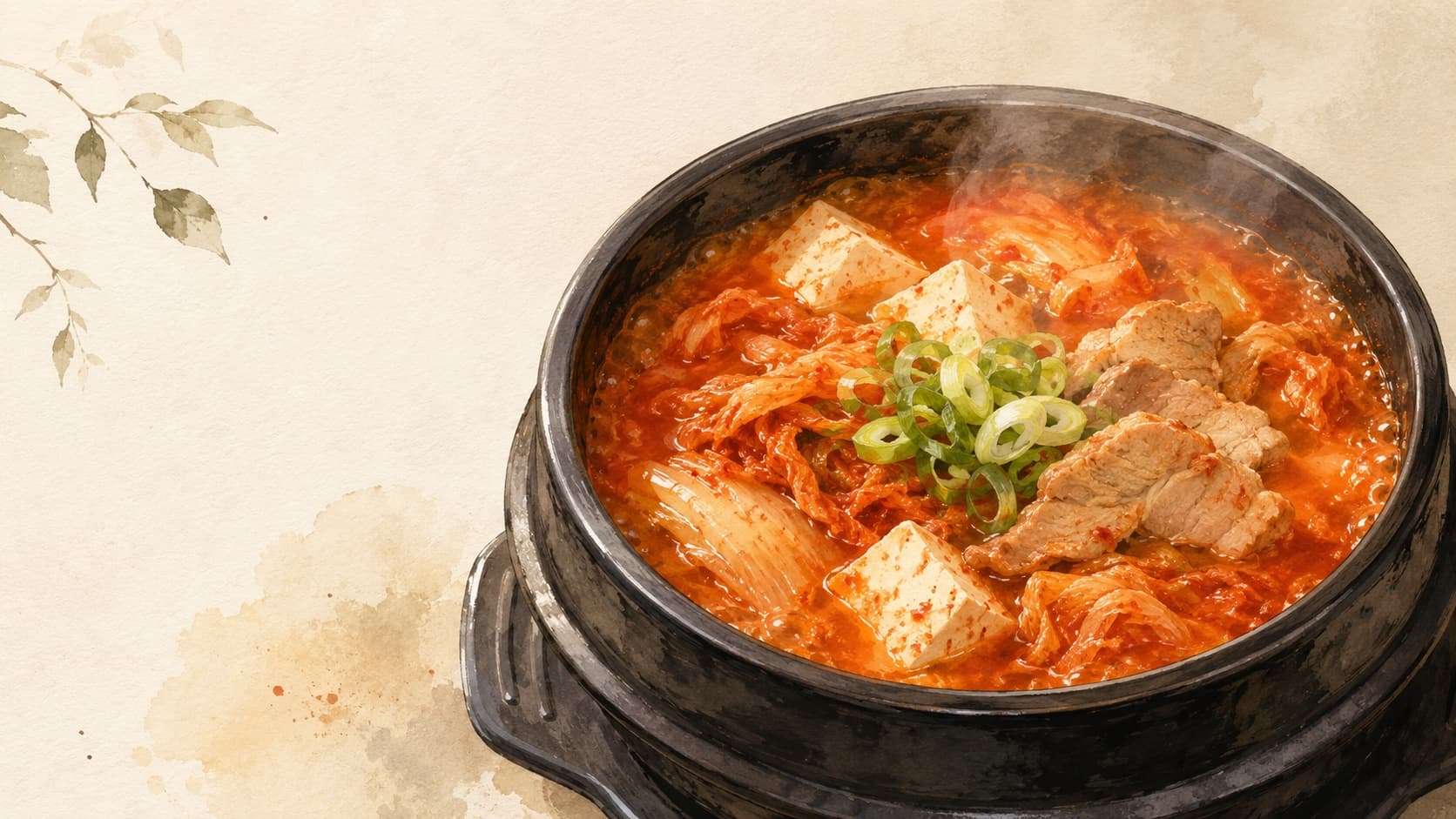 A vibrant bowl of kimchi jjigae filled with rich red broth and vegetables.