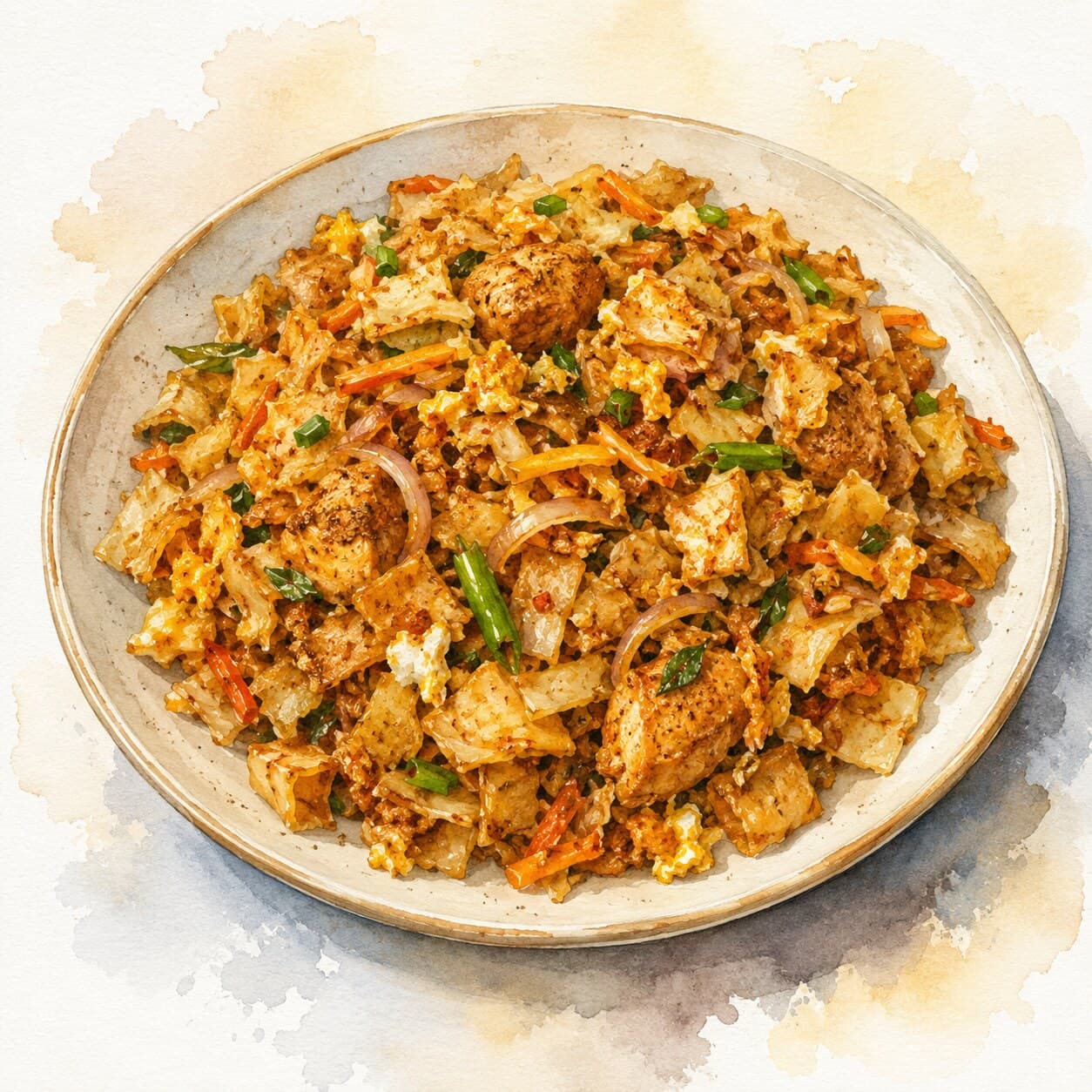 A colorful plate of Kottu Roti with flatbread, chicken, and vibrant vegetables, garnished with herbs.