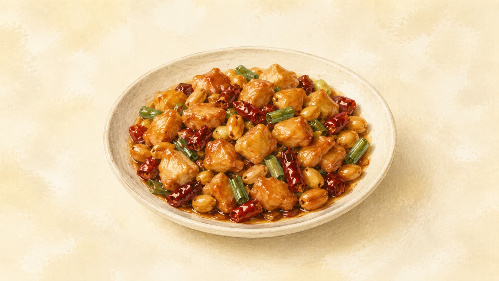 A vibrant plate of Kung Pao Chicken with colorful peppers and peanuts.