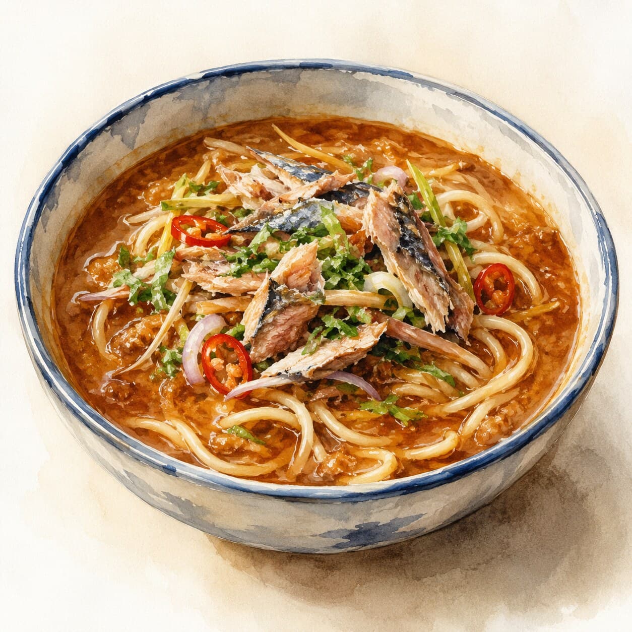A vibrant bowl of Laksa Johor featuring spaghetti topped with fish gravy and fresh garnishes.
